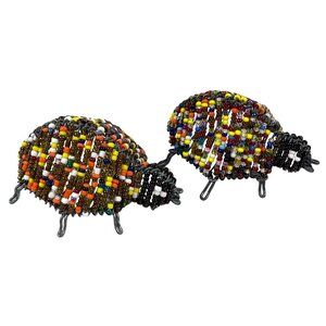 Handmade South Africa Wire Glass Bead Beetles Bugs Pair Set Lot Artisan Vintage